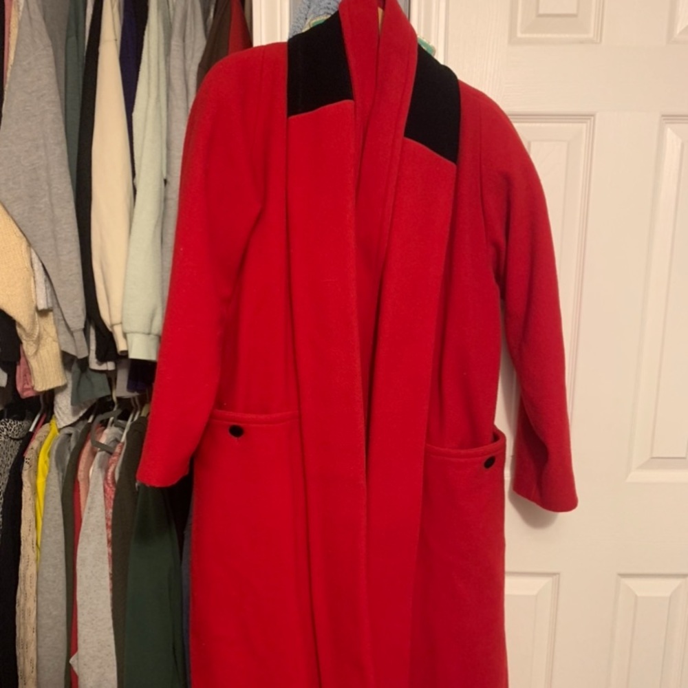 Vintage Red Wool Coat with Black Accents